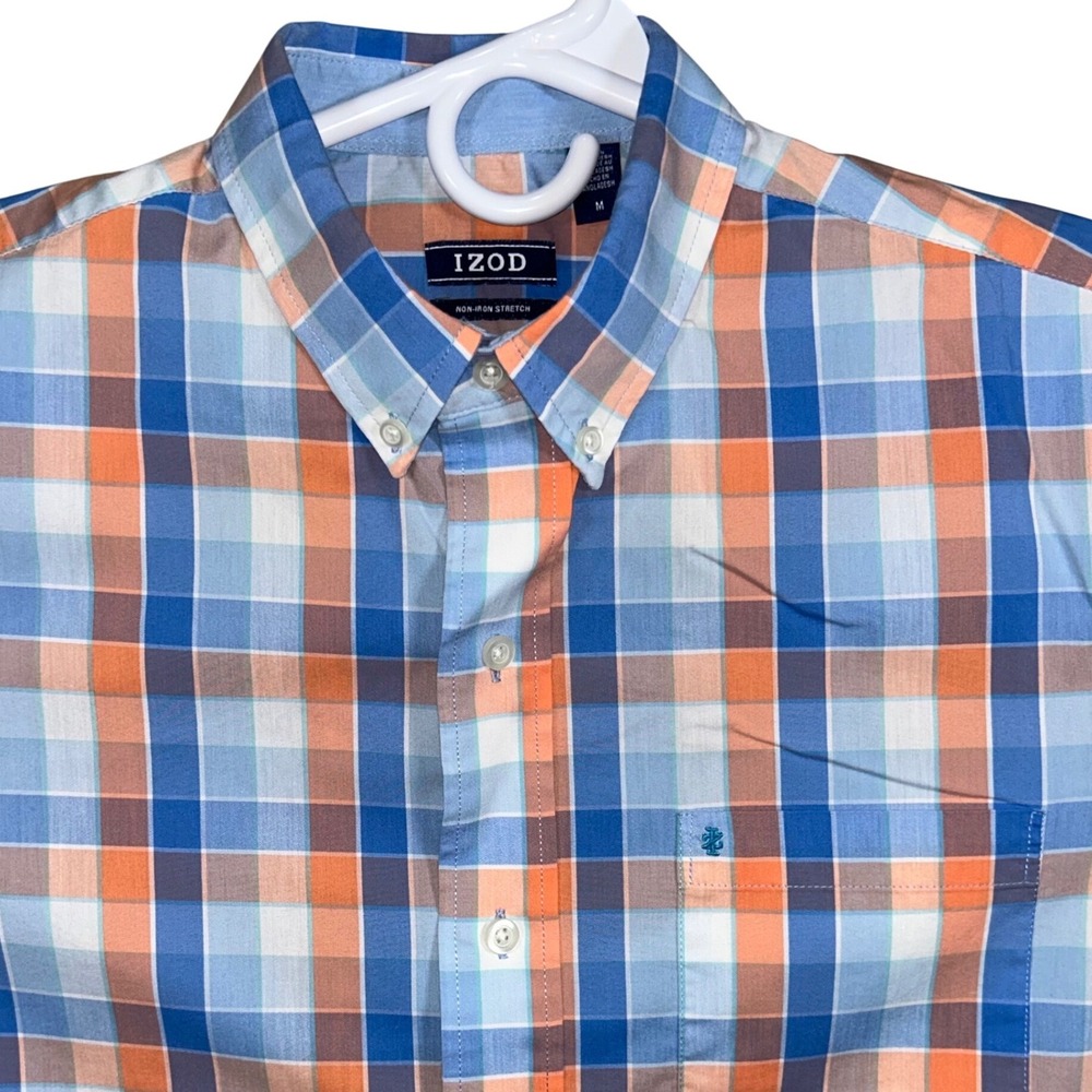 IZOD‎ Mens Short Sleeve Plaid Button Down Shirt Blue Orange Non-Iron Stretch M